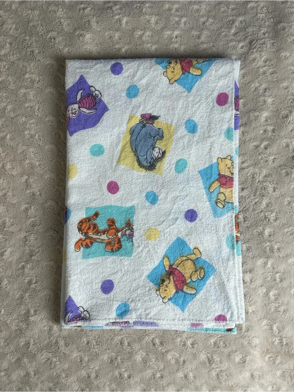Vintage Winnie the Pooh Baby Receiving Blanket Polka Dots Flannel Blue White